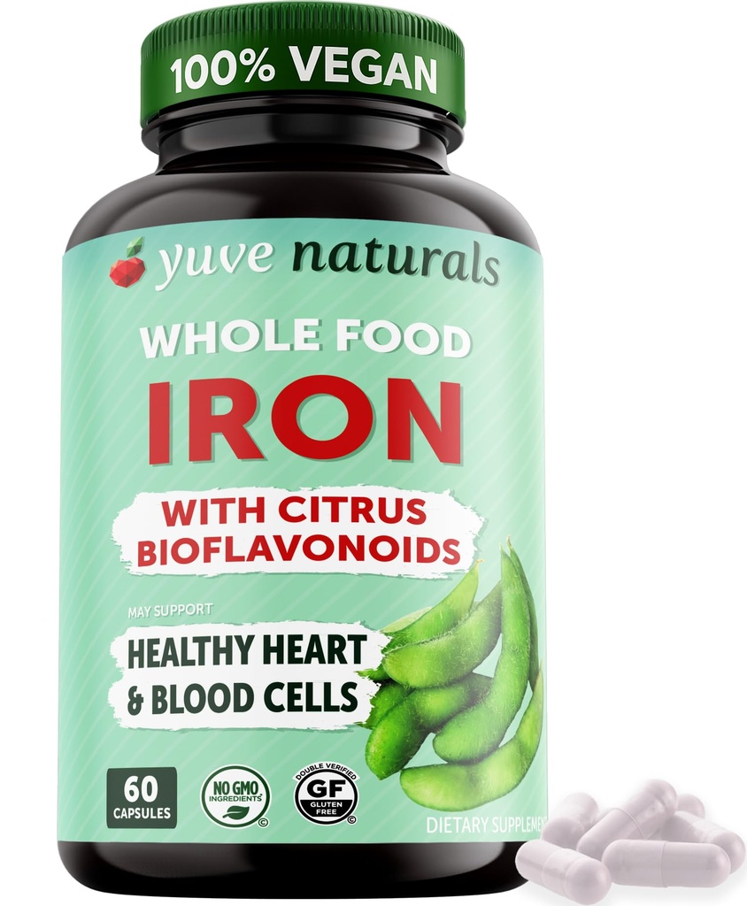 Yuve 100% Vegaani Koko ruoka Kelatoitu rauta Supplement 18mg . Makuton, ei-kosteuttava, Hellävarainen vatsa, energiatuki ... Gluteeniton, ei-GMO, 60 kapselia