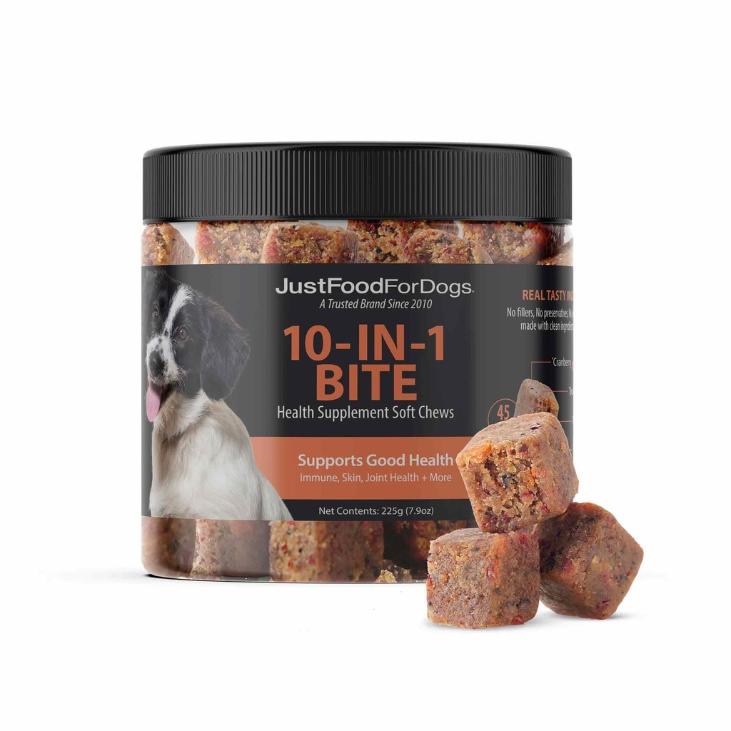JustFoodForGogs 10-in-1 Multitoiminnallisen Supplement Chews for Dogs, Superfood Blend, Glukosamiini, Omega-3 Rasvahapot, ihon terveys, Joint Health, Probiootit, Plant-Based, Human Grade - 45