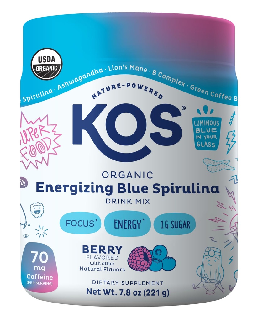 KOS Energizing Blue Spirulina Blend - USDA Certified Organic - B-vitamiinit, Ashwagandha, Ginseng, Adaptogens, Biotin - Vegan Pre Treenout Powder - Caffeinated, Berry Flavored, 28 Tarjoilut