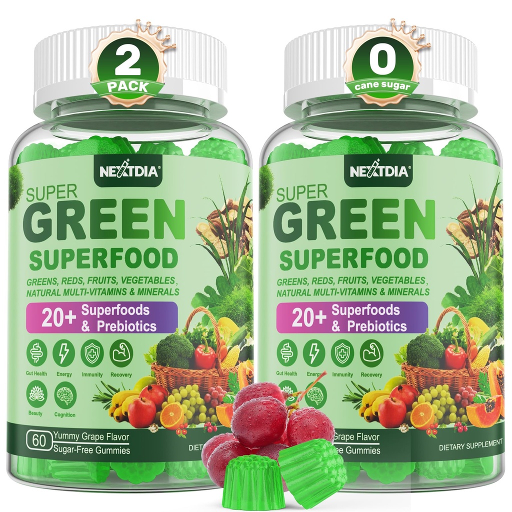 Super Greens Gummies, Greens Superfood Powder Alternative w/Spirulana, Klorella, Prebioottikuitu, Probiootti, Fruit Vegegie, Daily Fruit Vihannes Ruoansulatus- ja suolistoterveyden, immuniteetti, Focus, 120 Cts