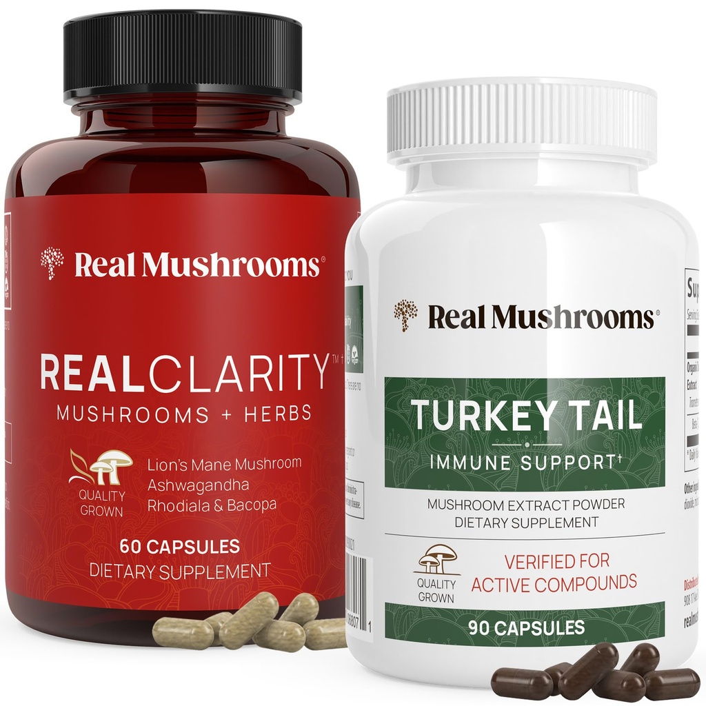 Real Sienet RealClarity (60ct) ja Turkey Tail (90ct) Kapselit Bundle - Sieni täydentää mielen selvyyden, Focus & Immuuni tuki - Vegaani, ei-GMO, todennettu tasot beta-Glukaanit