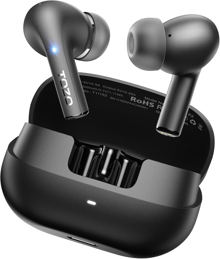 TOZo E2 langattomat korvanuket 10mm Ajurit, joissa on voimakas basso, sovellus Mukavuus Fit in-Ear kuulokkeet, 2 micros AI Call Noise Peruutus, 30h Playtime, Bluetooth 5.3 Korvanuket, Mukavuus Fit in-Ear kuulokkeet