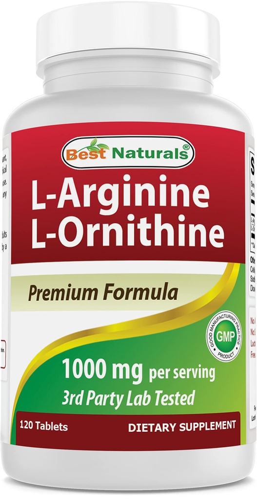 Best Naturals L-arginiini L-Ornithine - 1000 mg per tarjoilu - 120 tablettia - ei-GMO & gluteeniton (120 laatikko 1)