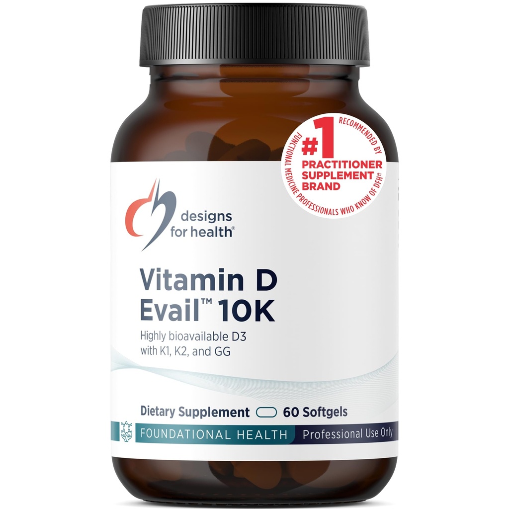 Designs for Health D-Evail 10K - 10,000 IU D-vitamiinin täydentää K-vitamiini (K1, K2 MK-4) + GG - Bone, Kardiovaskulaarinen + immuuni tuki - parempi hyötyosuus D3 (60 Softgels)