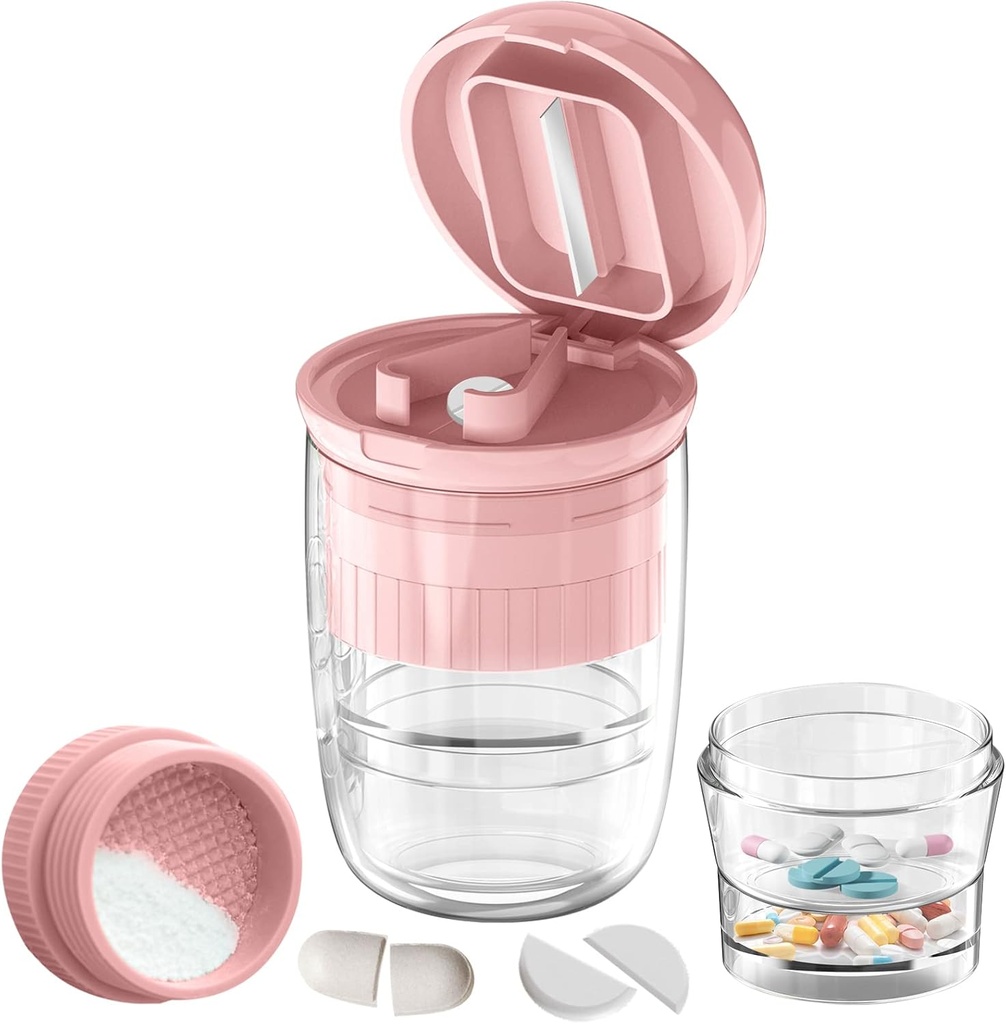 Pill Cutter Splitter med Dispenser, Pill Cutter för små eller stora piller, Crushes Pills, Vitaminer, Tablets, Stainless Steel Blade, Removable Drinking Cup (Pink-1)