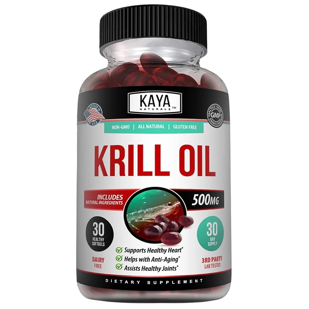 Kaya Naturals - Antarktis Krill Oil 500mg Omega 3, EPA, DHA, Fospholipids & Astaksantiini Supplement - aivot & terveys vitamiini - anti ikääntyminen täydentää - 30 kreivi Softgels