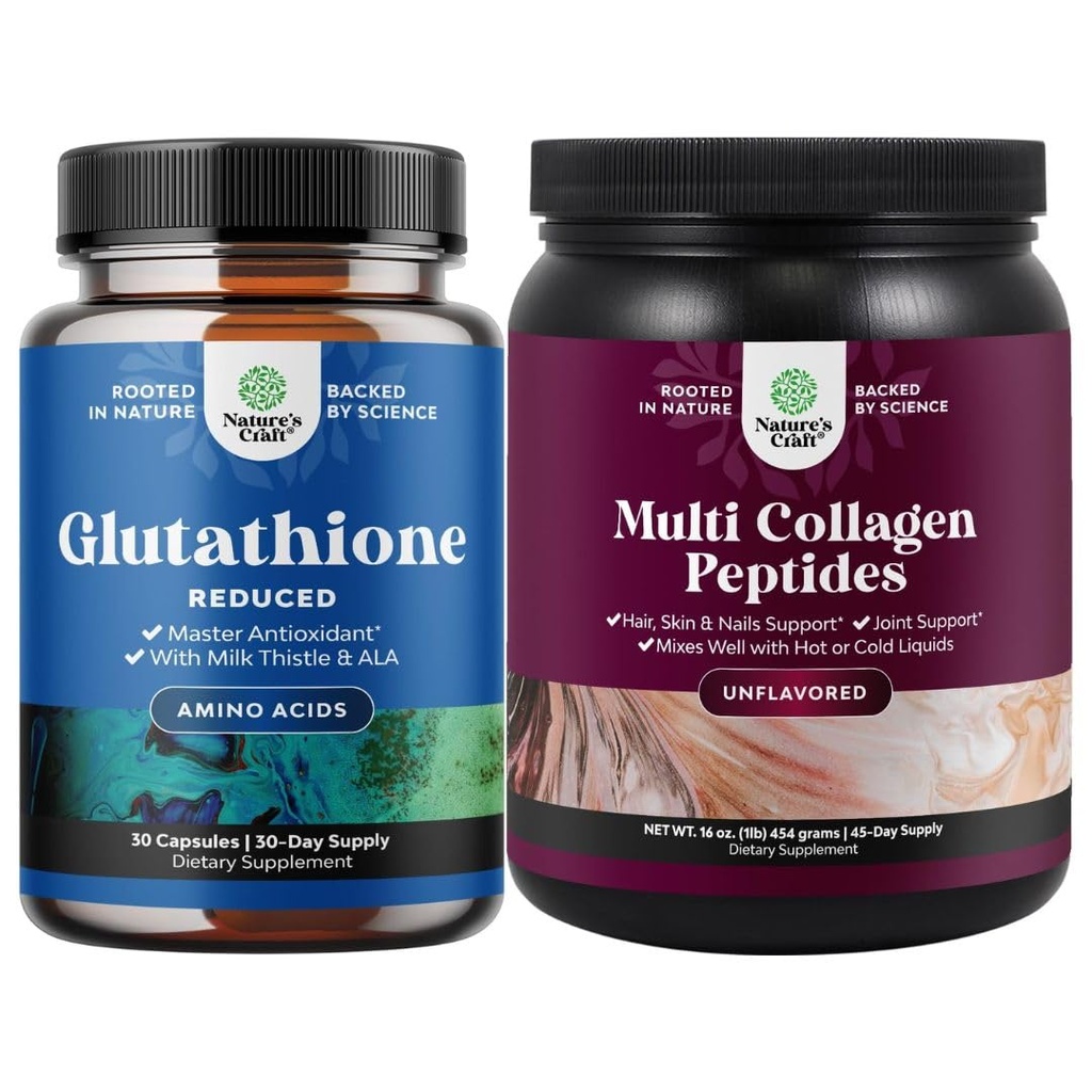Bundle of Reduced Glutathione Supplement med mjölk Thistle - 500 mg per Servering Pure L Glutathione och Multi Collagen Protein Powder - Keto Hydrolyzed Collagen Peptides Hair Skin & Nails Vitamis