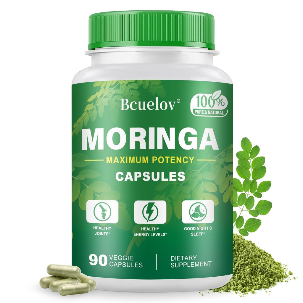 Moringa Capsules | 800mg Pure Moringa Powder Capsules - Stöder energi, hud och tarmhälsa, immunsystem - grön superfood med vitaminer och aminosyror (90 Caps)