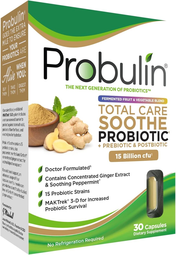 Probulin kokonaishoito Pehmennä Prebiootti, Probiootti ja Postbiootti + Inkivääri & minttu - 15 miljardia PMY - 15 kanta - 30 vegaaninen kapseli