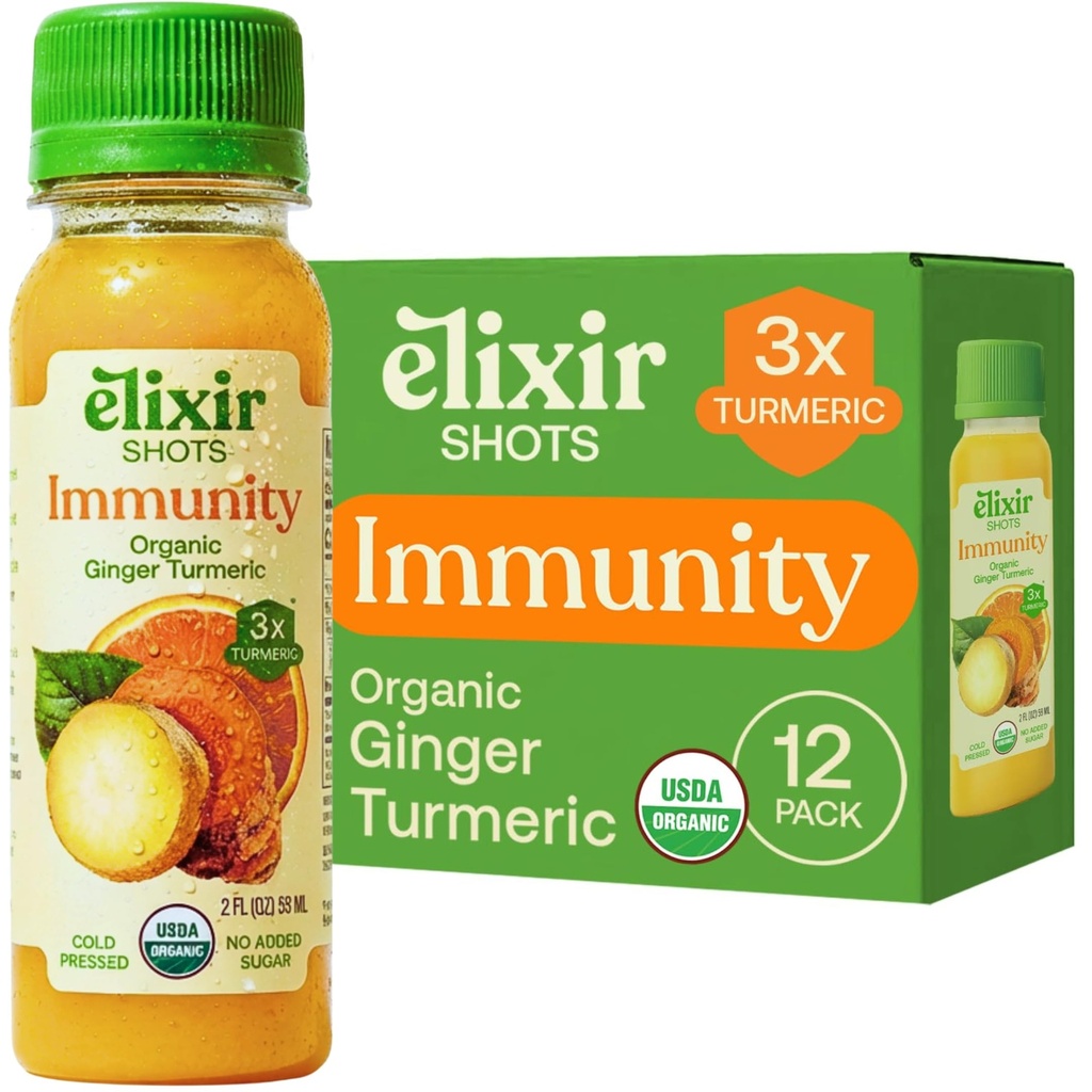 Elixir Shots, Immuniteetti Boost Wellness Shot kanssa kylmäpaineinen kurkuma, inkivääri, oranssi ja mustapippuri, ei lisättyä sokeria tai keinotekoisia ainesosia,12-pakkaus