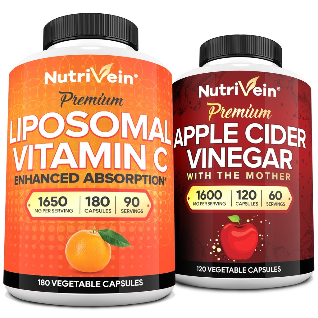 Nutrivein Premium Apple Siideri Viinietikka Kapselit & Liposomaalinen C-vitamiinia lisä Bundle: Korkea absorptio C-vitamiinin kapselit & Apple Siideri Viinietikka Lisäravinteet Bundle varten Immuuni Defenses & Gut Health
