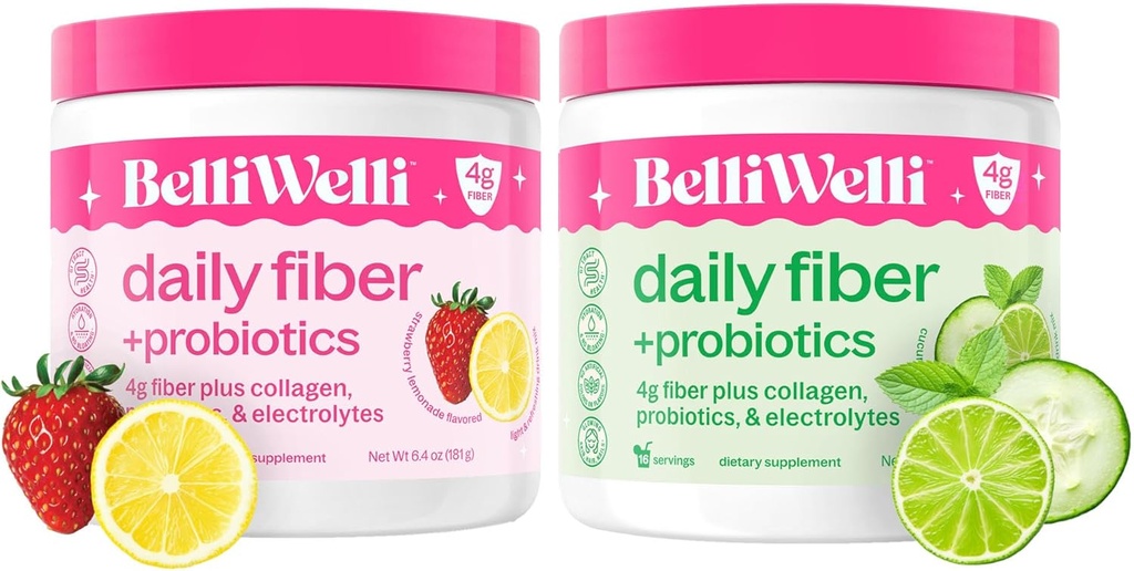 Belli Welli Daily Fiber Supplement Duo - Strawberry Lemonade & Cucumber Lime Mint - med Collagen, Probiotics & Electrolytes - Uppfriskande smaker för balanserad välbefinnande - 32 Totala portioner