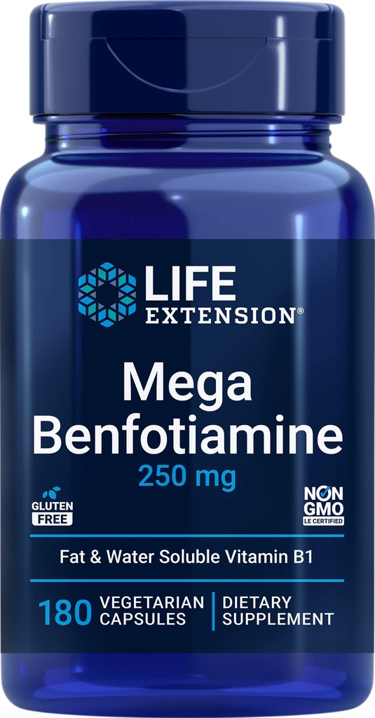 Life Extension Mega Benfotiamiini, 250 mg, 180 kasviskapselia ja tiamiini - B1-vitamiinilisä
