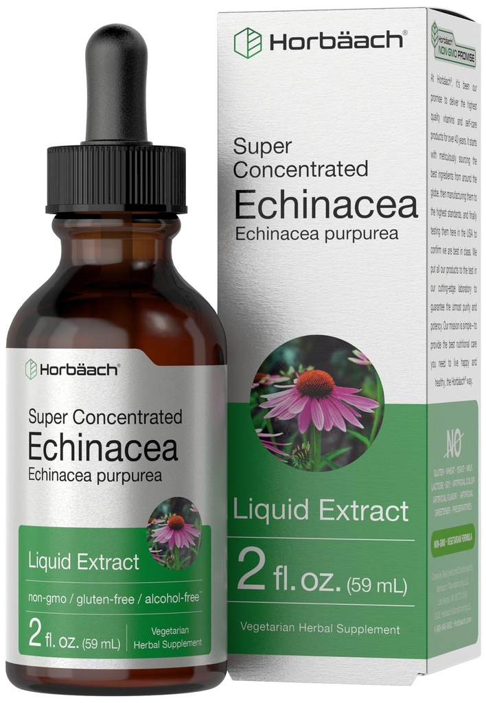 Horbaach Echinacea Drops Herb Tincture ... 2 fl oz ... Supervoite juuriuute ... Alkoholiton nestemäinen kasvissyöjä, ei-GMO & Gluteeniton lisäaine