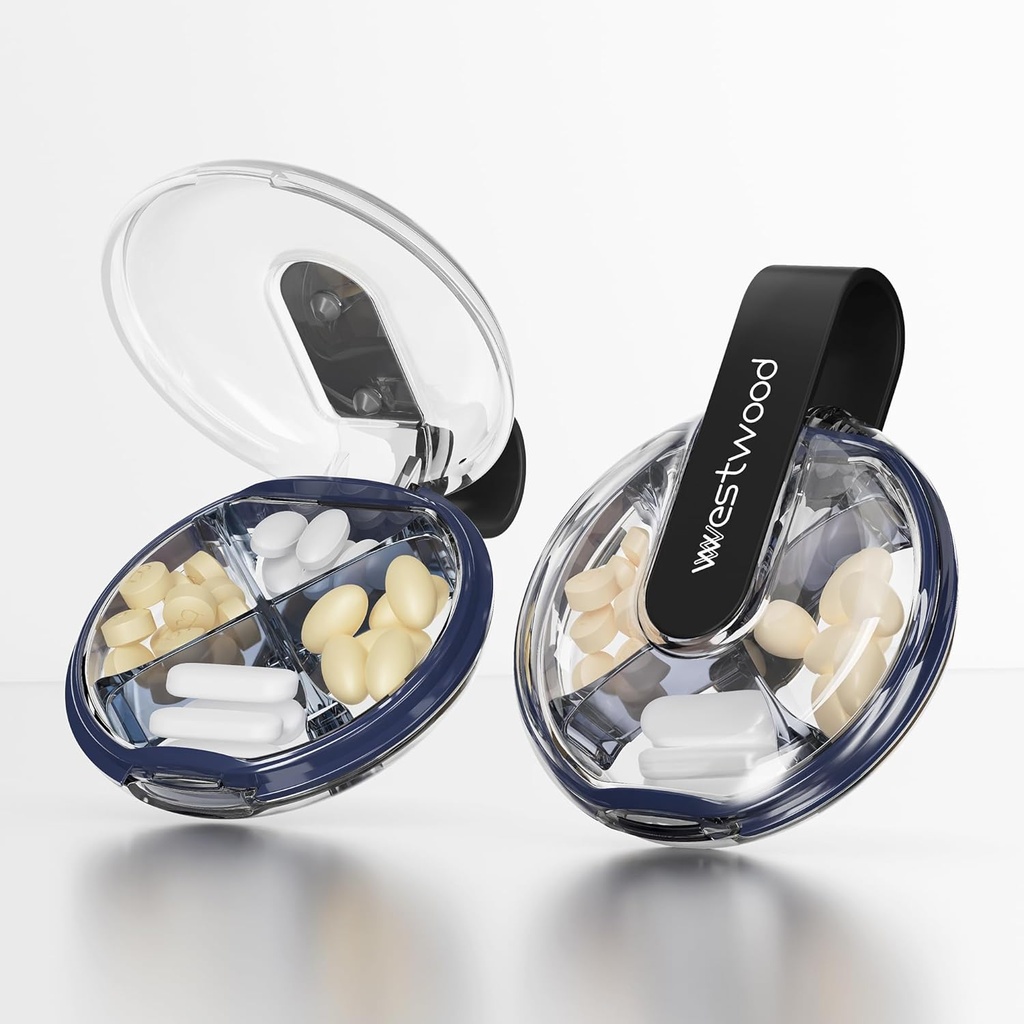 Small Pill Case, Cute Pill Box för Purse & Pocket, 4 Compartment Removable Pill Holder, Portable Travel Pill Organizer för vitaminer, kosttillskott, fiskoljor (Black)