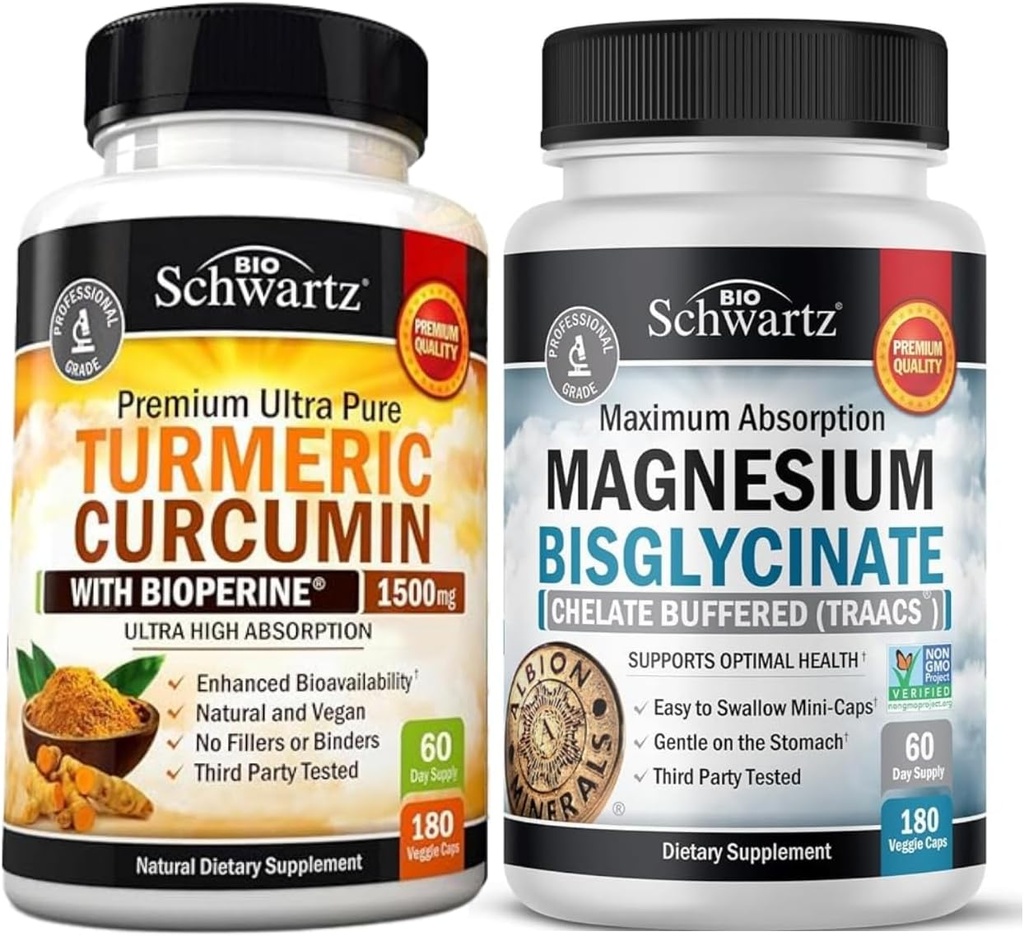 Turmeeric Curcumin with Black Pepper Extract 1500mg Complex (1 kuukausi tarjonta) Plus suuri imeytyminen Magnesium Bisglysinaatti kapselit (2 kuukausi tarjonta)