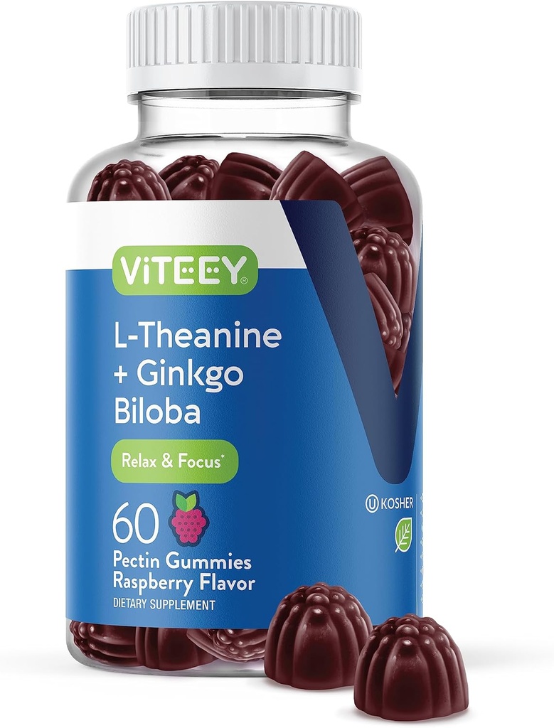 Vitey L-Theanine Gummies Ginkgo Biloba aikuisille - Aids in Focus & Rentoutua, parantaa mielialaa - Non GMO, Liivate, Gluteeniton, Luonnollisesti Lähde: Juustomaku Vadelma Maku