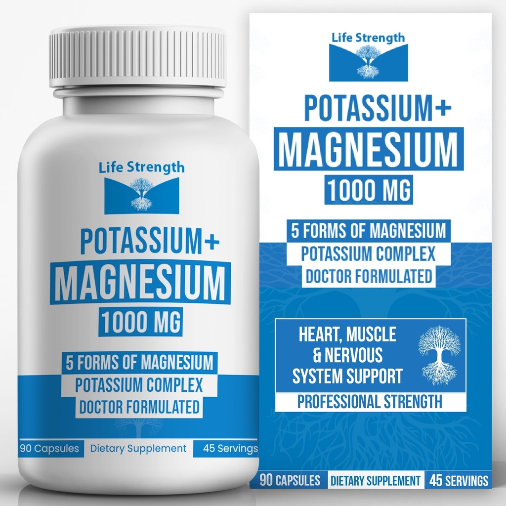 Life Strength Potassium & Magnesium Komplex med Aspartate, Oxide, Glycinate, Gluconate & Citrate - 1000mg (90 kapslar) Läkare Designade och anpassade Blended