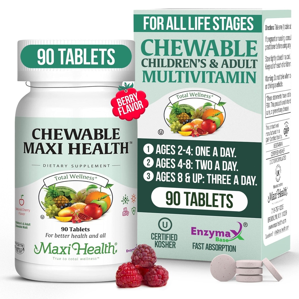 Maxi Health purtava monivitamiini lapsille, teini-ikäisille ja aikuisille - kirsikka purutabletti aikuisille ja lapsille - Kosher lapset monivitamiini + rauta (90 tablettia)