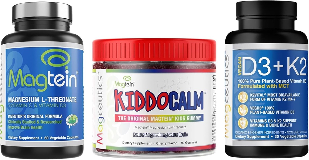 Magteiini Magnesium L-treonaatti 60 kapselia, Magceutics KIDDOCALM Gummies lapsille 90 kapselia, D3-vitamiinia K2 MCT 30 kapselia - Bundle