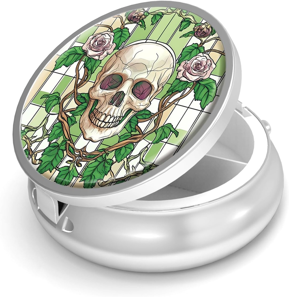 Pill Box-3 Compartment Small Pill Case för Purse & Pocket Mini Metal Pill Holder Travel Pill Container för att hålla Supplements Vitamins BPA-Free (Skull och Rose)