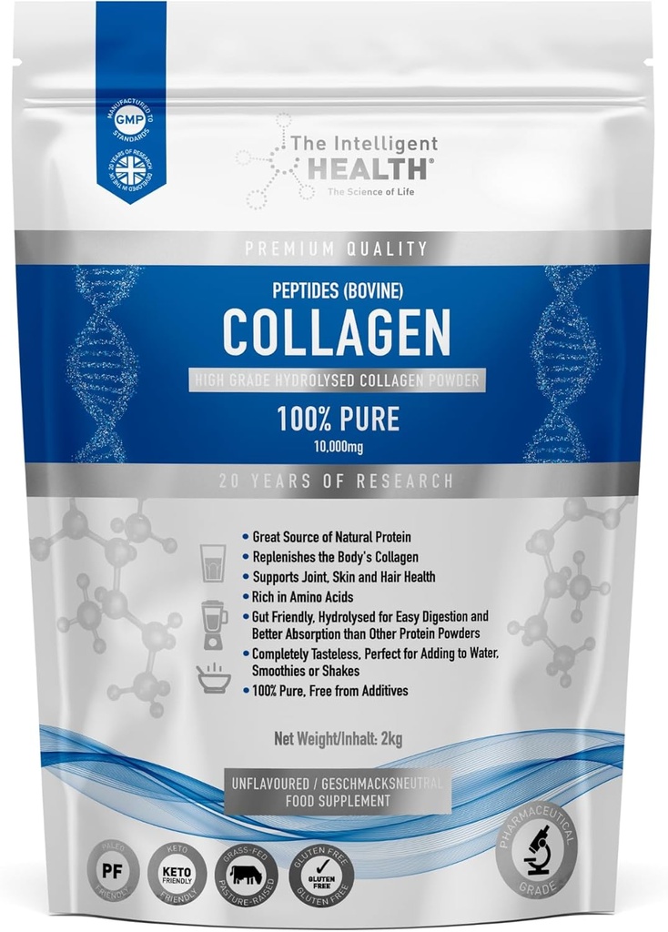 The Intelligent Health Hydrolyzed Collagen Peptides Powder, Grass Fed, High Protein, Makuton, Gluteeniton, Paleo & Keto Friendly, 10g per tarjoilu (2kg) Tukee ihoa, hiuksia, kynsiä, niveliä, & Bones