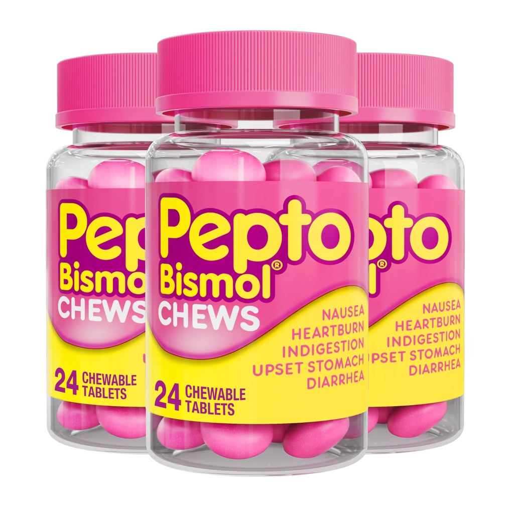 Pepto Bismol Chews, nopea ja tehokas Ruoansulatuskanavan lievitys pahoinvointi, närästys, ruoansulatushäiriöt, vatsavaivat, ripuli, 72 Yhteensä (3 pakkausta 24)