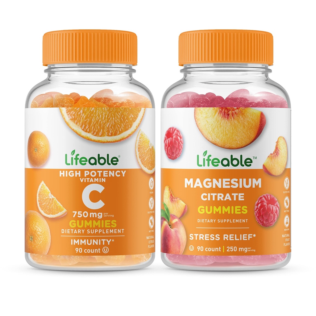 Elinkelpoinen C-vitamiini 750 mg + magnesium 85 mg, Gummies Bundle - Suuri maku, vitamiini täydentää, gluteeniton, GMO vapaa, purukumi