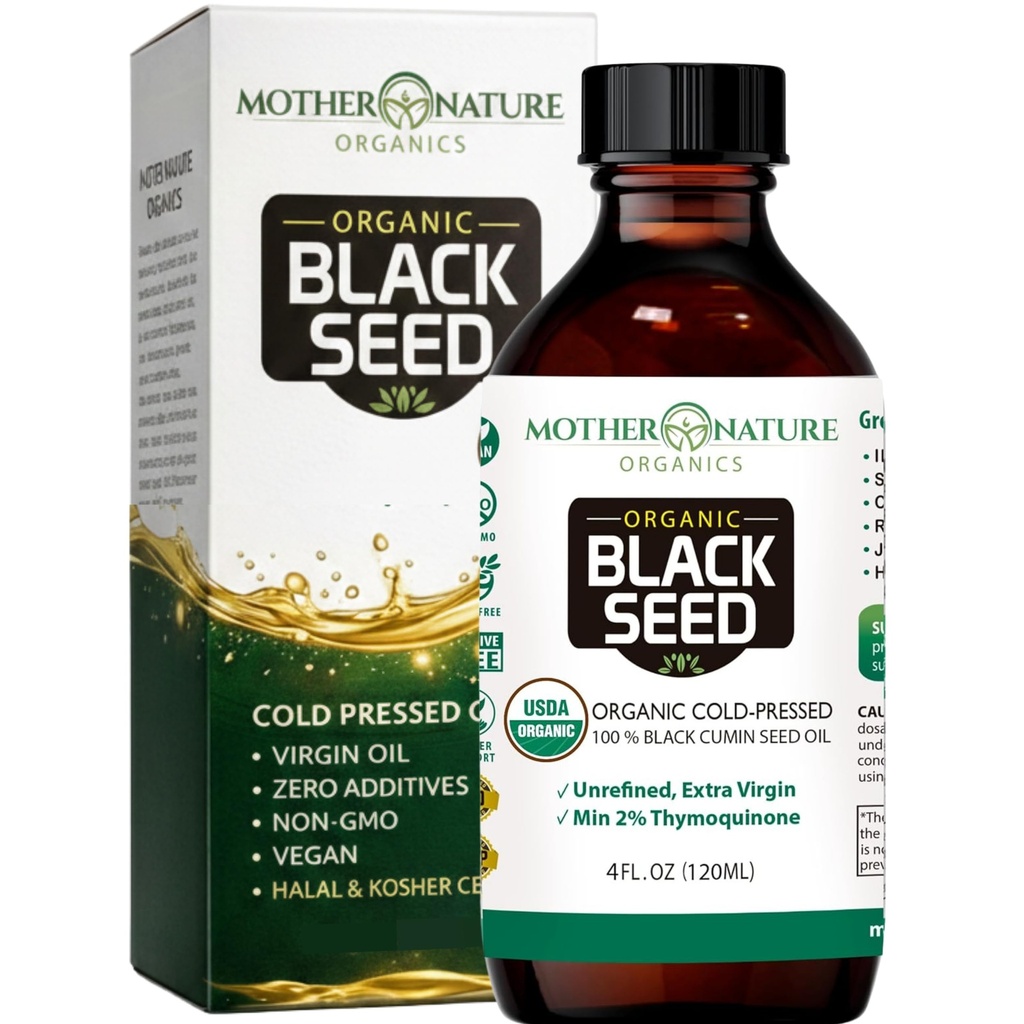 Moder Natur USDA Organic Black Seed Oil - Cold Pressed, Unrefined & Vegan Nigella Sativa, High Thymoquinone (2% +), Omega 3 6 9 för Immune, Joint & Heart Support, Hair & Skin, Non-GMO, 4oz