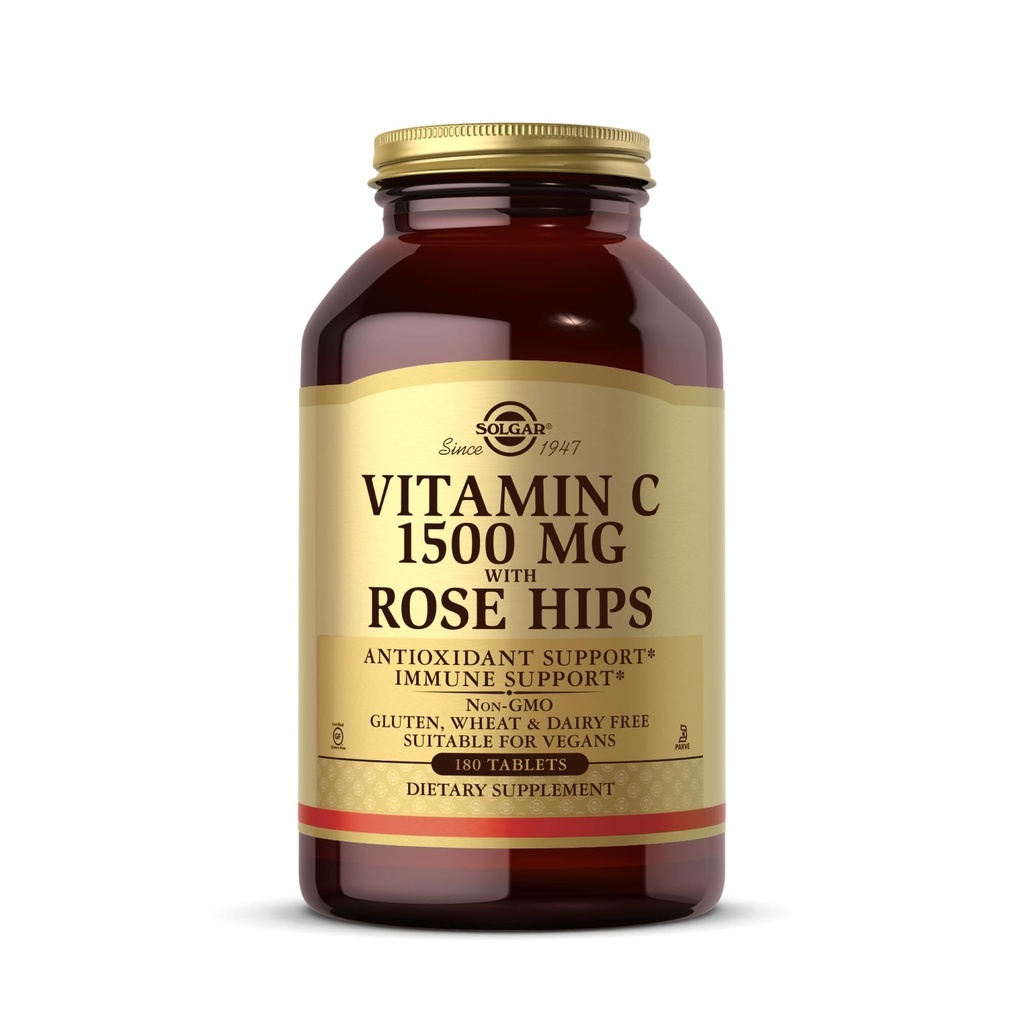 Solgar C-vitamiini 1500 mg kanssa Rose Lantiot, 180 tablettia - antioksidantti ja immuuni tuki - yleinen terveys - tukee terveitä iho & niveliä - ei-muuntogeenisiä, vegaanisia, gluteeniton, maitotuotteeton, Kosher - 180 tarjoilua