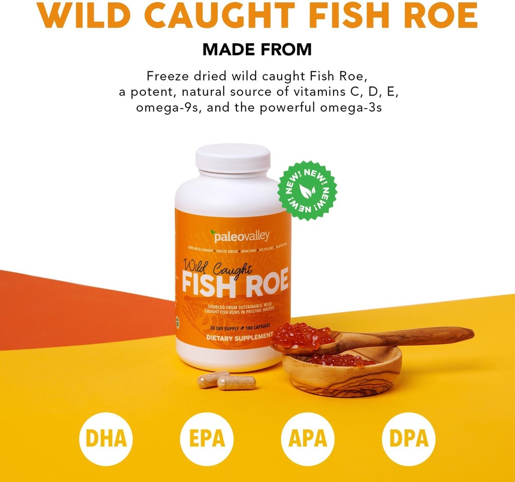 Paleovalley Wild Caught Fish Roe - DHA/EPA, Full Spectrum Omega -3 Rasvahapot - Tulehdus, Vision, Mieliala, Immuniteetti Boost - 28 Palvings