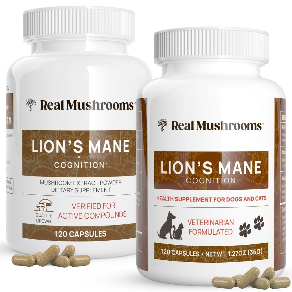 Real Mushrooms Lions Mane for Humans (120ct) ja Lemmikkieläimet (120ct) - Bundle for Cognition & Immuniteetti - Vegan, Ei-GMO, Gluteenittomat, Grain-free sieniuute lisäravinteet