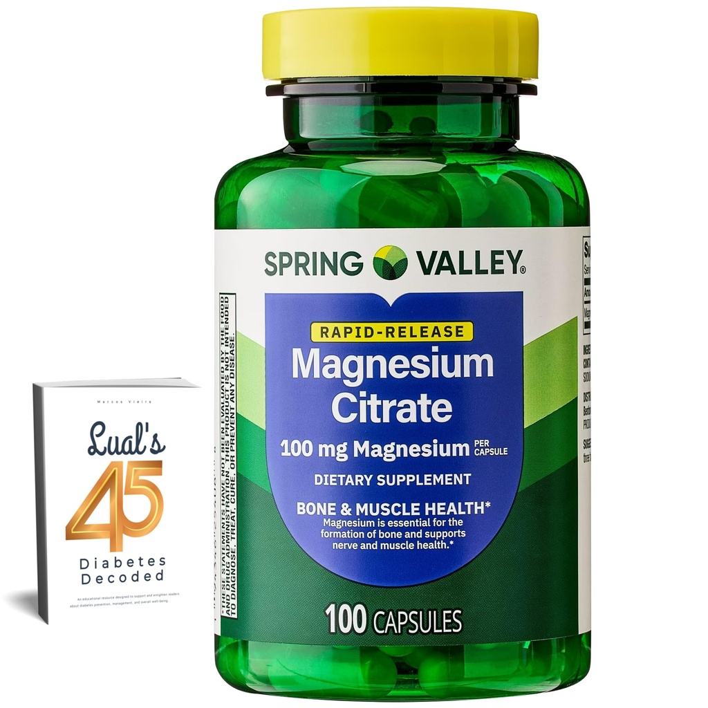 Spring Valley Magnesium Citrate | Citrato de Magnesio 1000mg Capsules | Bästa Magnesium Supplement för kvinnor | Magnesium Pill | 100 mg, 100 kapslar Bundle med Luals 45 Diabetes Avkodade