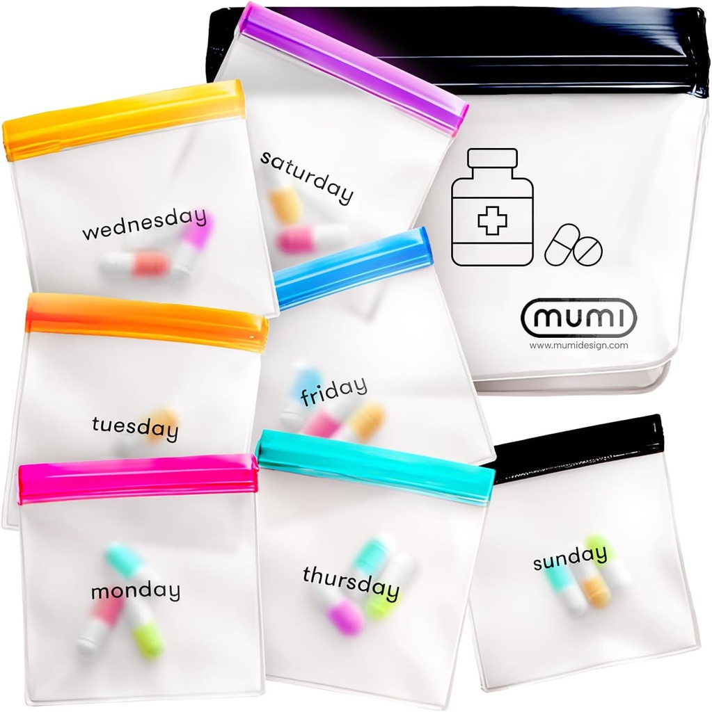 MUMI Pill Pouch Set, 7 Mini Zipper Puches pillereille, Pieni pilleri laukut, Uudelleen käytettävä pilleri Poches for Medicine Travel, Takki pilleri Järjestäjä, Käsilaukku tarvikkeet, Vitamiini Organizer