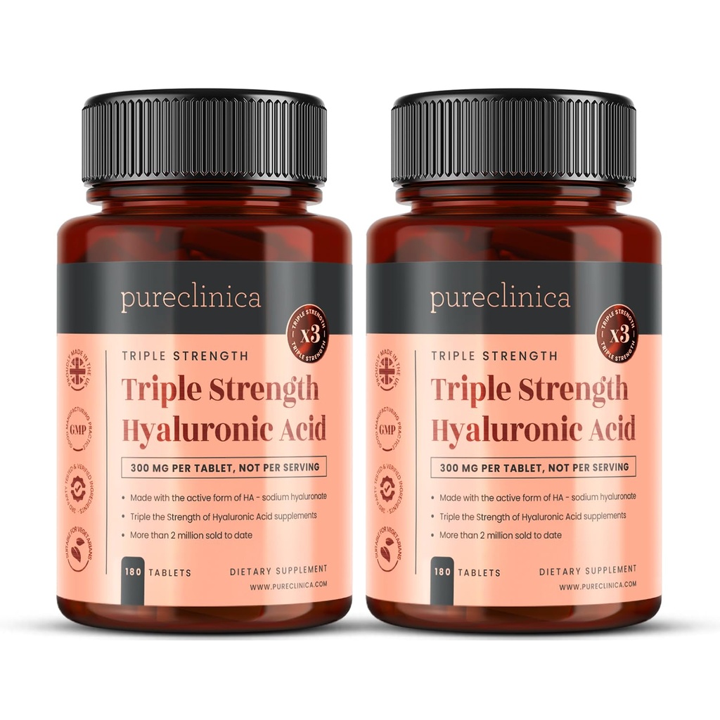 sureklinica Hyaluronic Acid 300 mg x 360 tablettia (2 pulloa 180-12 kuukautta Supply). Kolmoisvahvuus Hyaluronihappo. 300% vahvempi kuin mikään muu HLA tabletti.