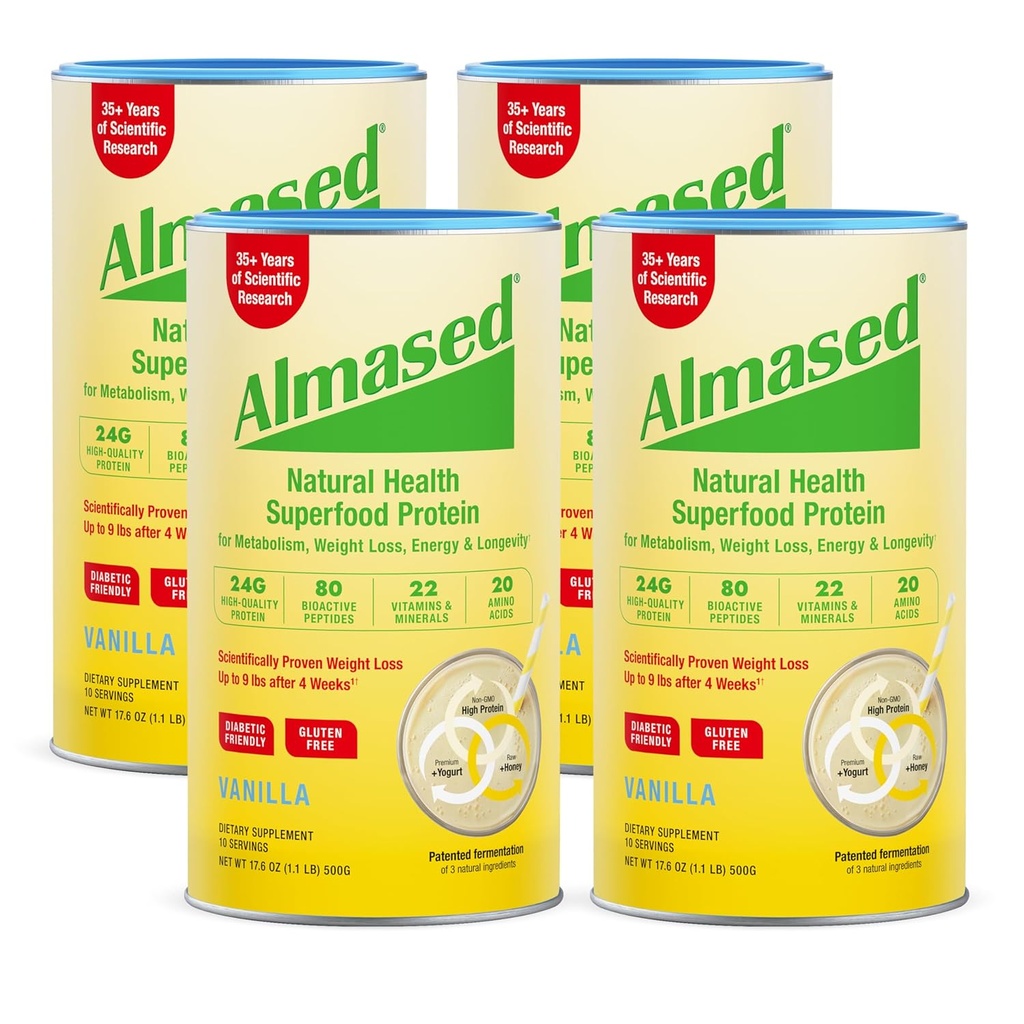Almased Vanilla Meal Replacement Shake - Matala-Glycemic High Plant Base Protein Powder- Nutritional Weight Health Support Supplement - Vanilla Flavor - 17,6 oz (1.1 Pound (4 Pack))