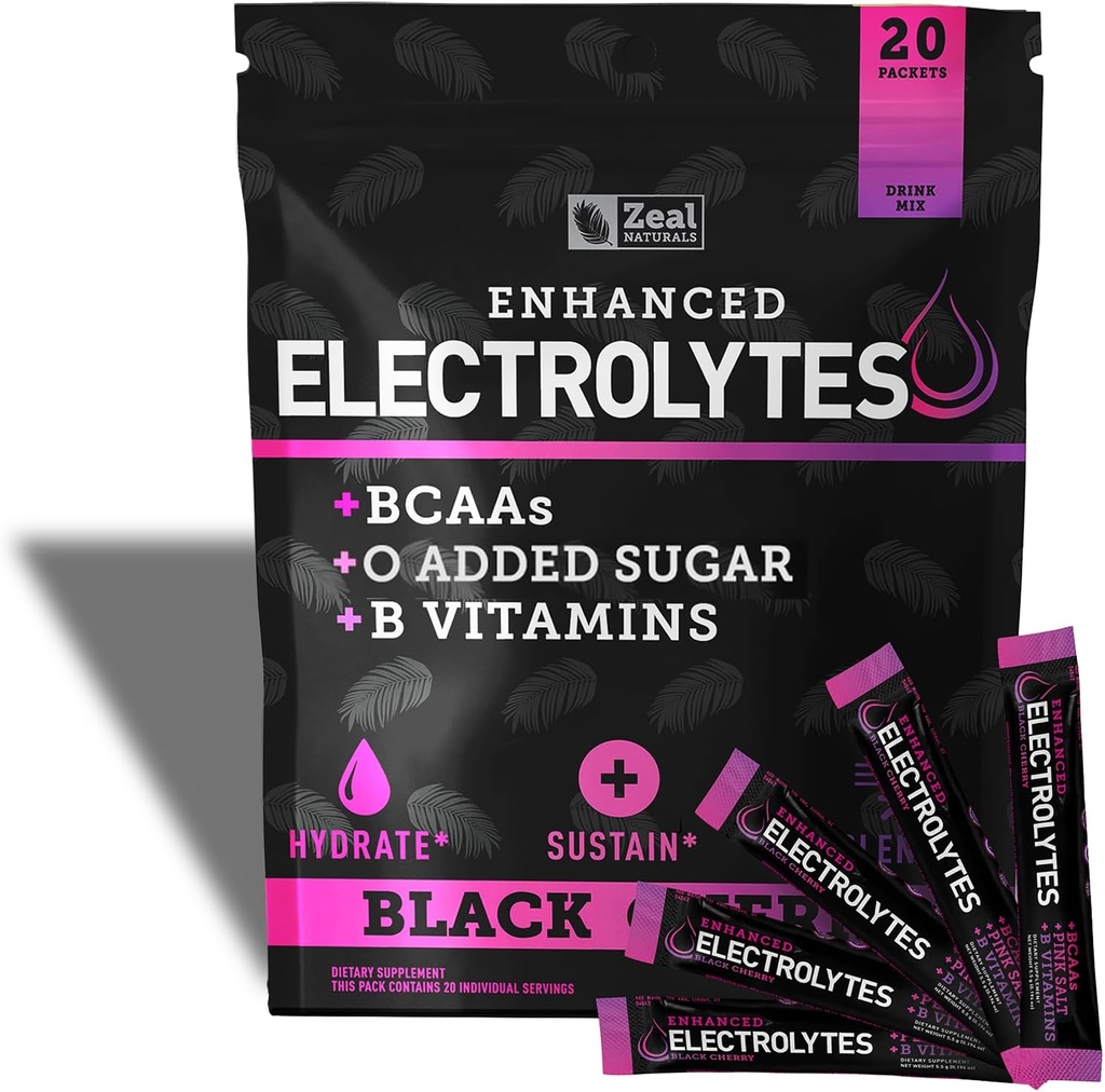 Enhanced Electrolyte Powder Stick Packs (Musta kirsikka 20 pakkausta) w/ 0 Sokeri + BCAAs + B- Vitamins Elektrolyytti täydentää w Kalium Sinkki & Magnesium for Hydration - Keto Electrolytes