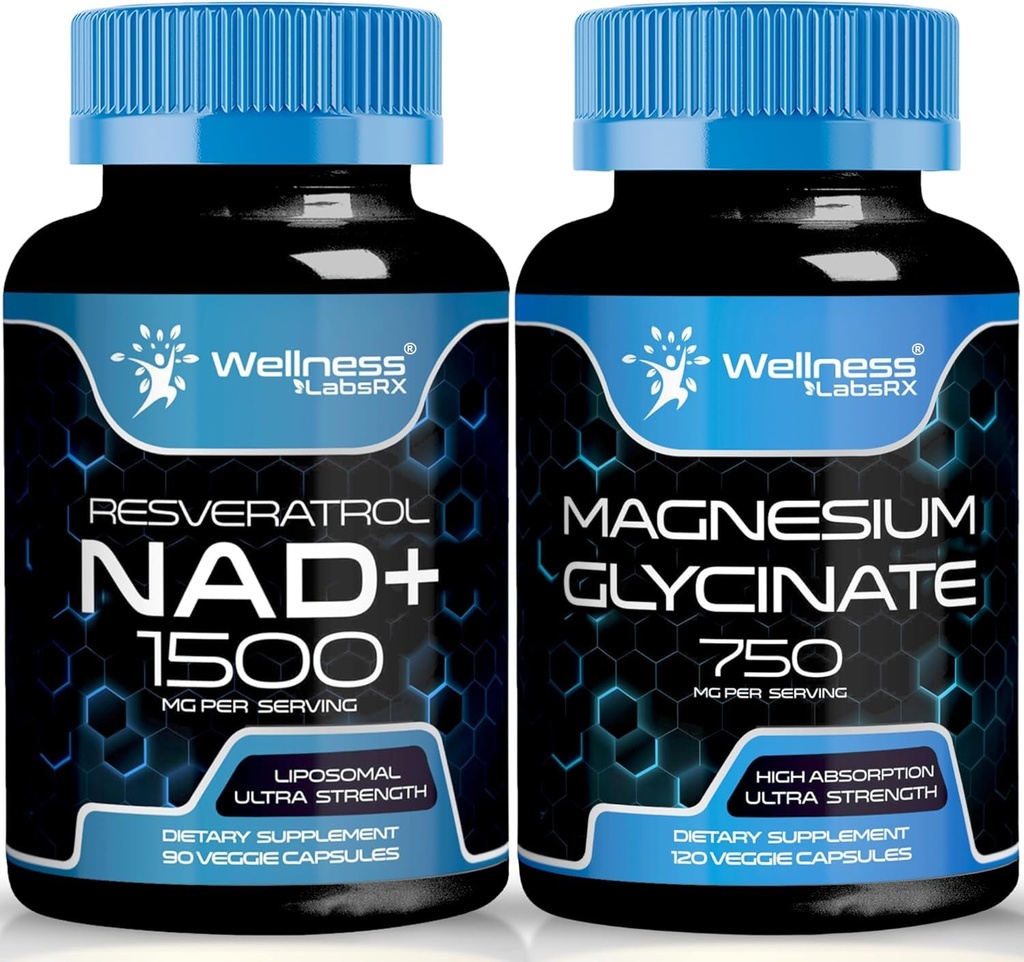Magnesium Glycinate Kapselit - 750 mg - Magnesiumlisän suuri imeytyminen NAD-lisä, 1500 mg - liposomaalinen NAD+ Täydennys Resveratrol