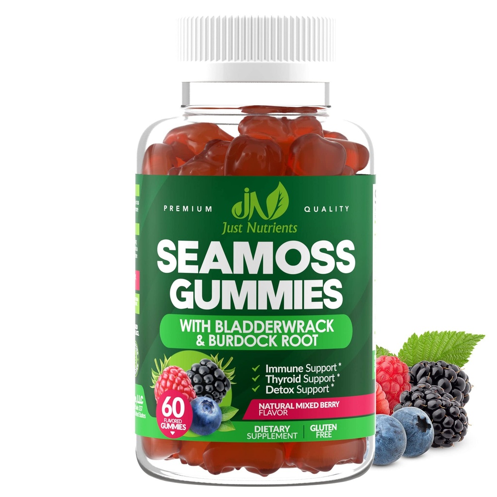 Sea Moss 3000mg Gummies with Blackdercrack and Burdock Root - Natural Irish Sea Moss for Immune, Kilpirauhasen ja Detox Support - Extra Strength, Great Masting - Gluteeniton, Vegan - 60 Gummies