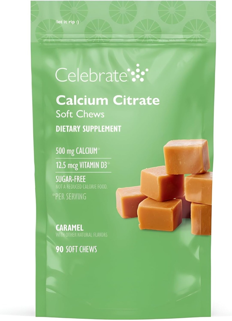 Celebrate Vitamins Bariatric 500mg Calcium Citrate Soft Chews med 500 IE Vitamin D3 - Essential för gastric bypasspatienter och benhälsa - Sugar & Gluten Free, Caramel (90 Chews)