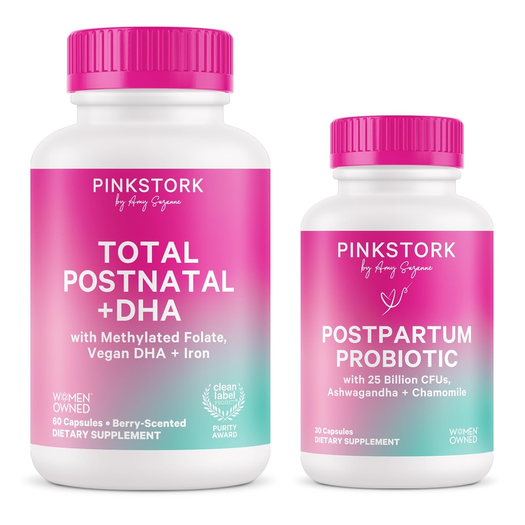 Pink Stork Postnatal Multivitamin + Probiotika med Vegan DHA, Ashwagandha, Iron, Folate, B12 - Stöder Hormonbalans, Postpartum Recovery, Gut Health och Digestion - Pack med 2
