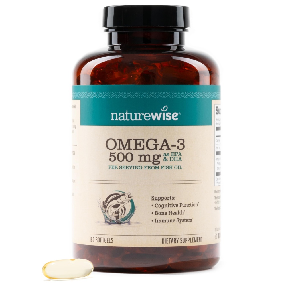 NatureWise Omega 3 Fish Oil - 500 mg per pilleri - EPA & DHA - Immunosupport, Brain Health & Optimal Wellness - Gluteenittomat ja soijattomat, ei-GMO - 180 Softgels[6-Kuukauden tarjonta]