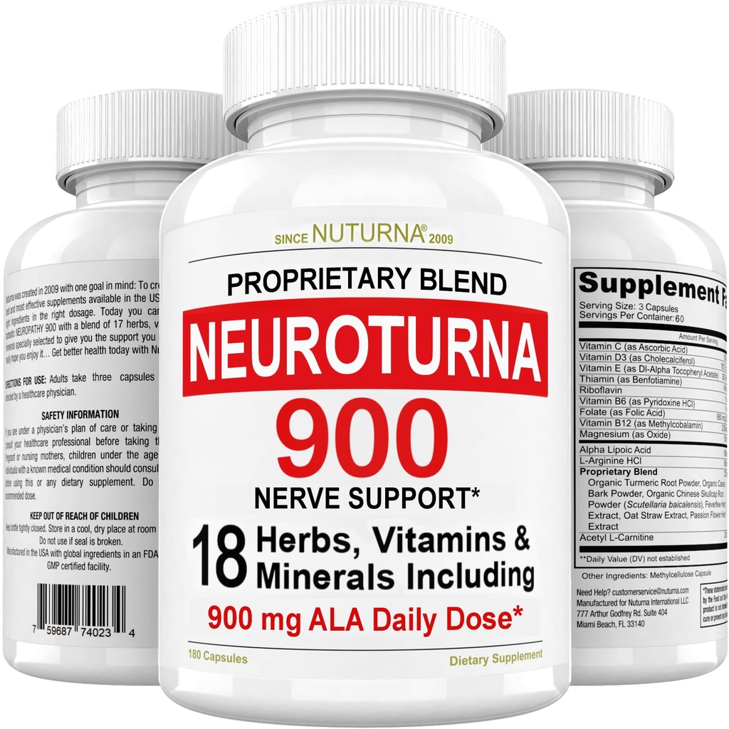 Neuropatia Tuki Nerve täydentää 900 mg Pure Alpha Lipoic Acid - Maximum Strength Formula, Fortify Hermojen sormet, kädet, varpaat, & jalat - Paras perifeerinen tuki - 180 kapselia