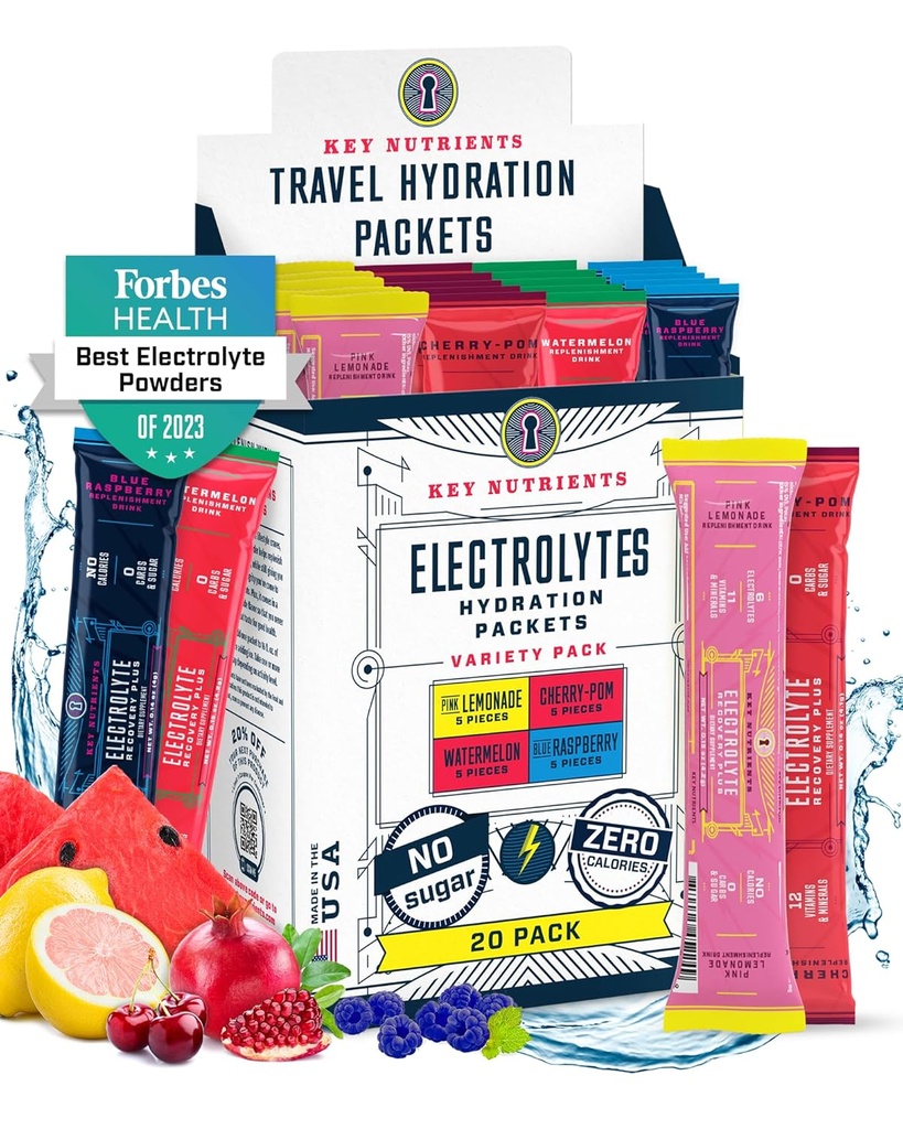 KEY NUTRIENTS Electrolytes Powder Packets No Sugar - 4 Delicious Flavors in Hydration Packets 20 Pack - Inga kalorier, Gluten Free Electrolytes Powder Packets - Keto Friendly, Non GMO, Made in USA