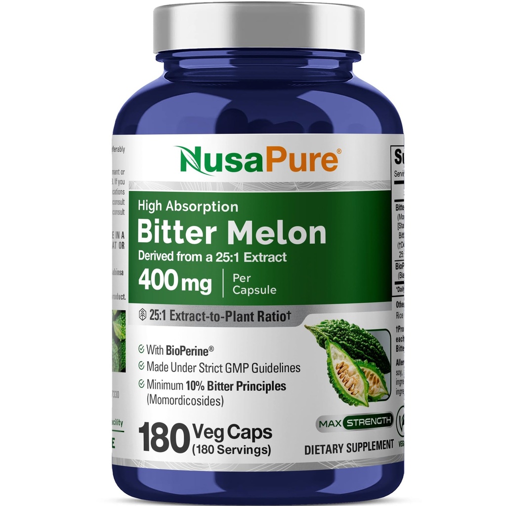 NusaPure Bitter Melon Extract 10 000 mg 180 vegan Caps (100% Kasvissyöjä, ei-GMO, gluteeniton, 10% Bitter Principles) Bioperine
