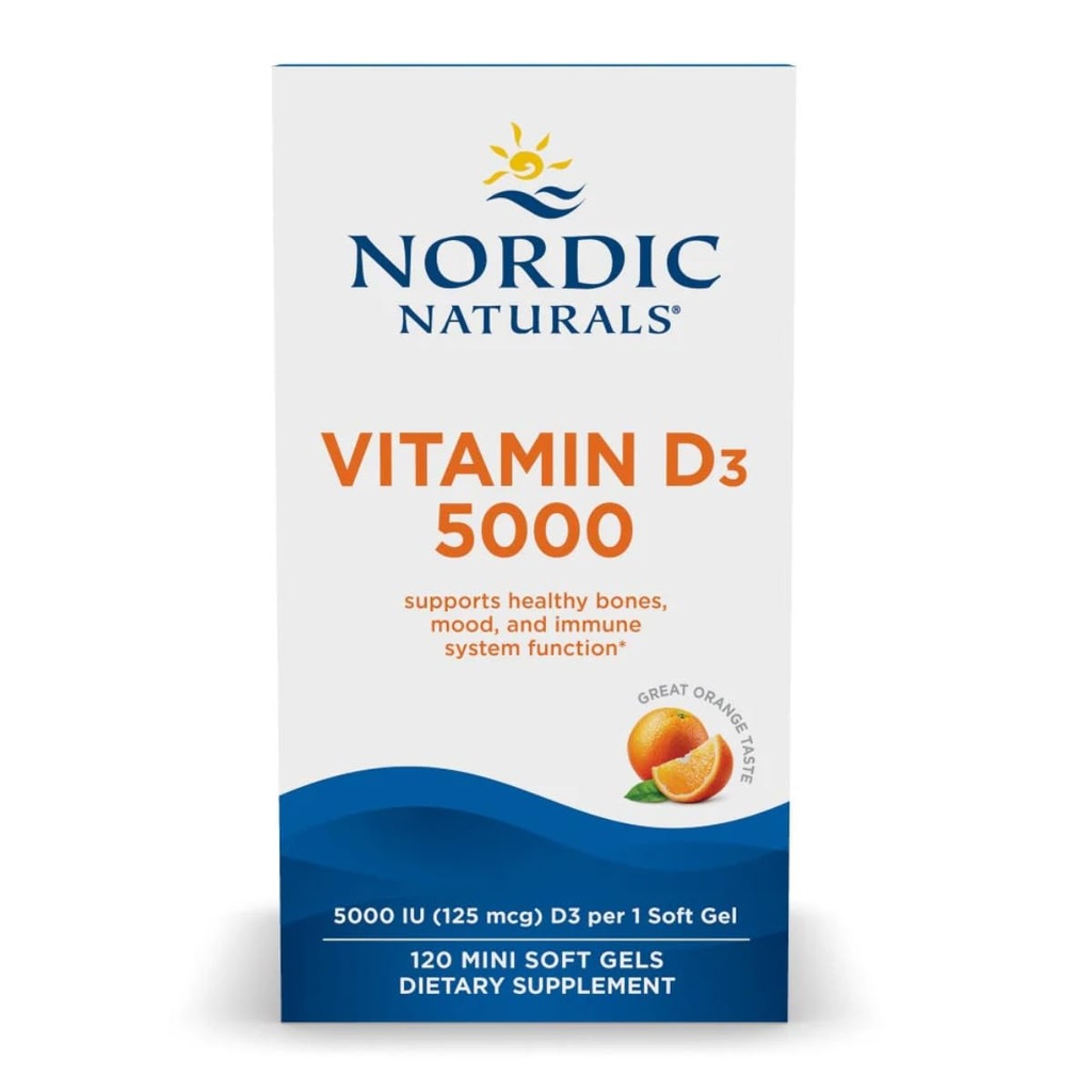 Nordic Naturals Vitamin D3 5000, Orange - 120 Mini Soft Gels - 5000 IE Vitamin D3 - Stöder hälsosamma ben, humör och immunsystemfunktion - Icke-GMO - 120 portioner