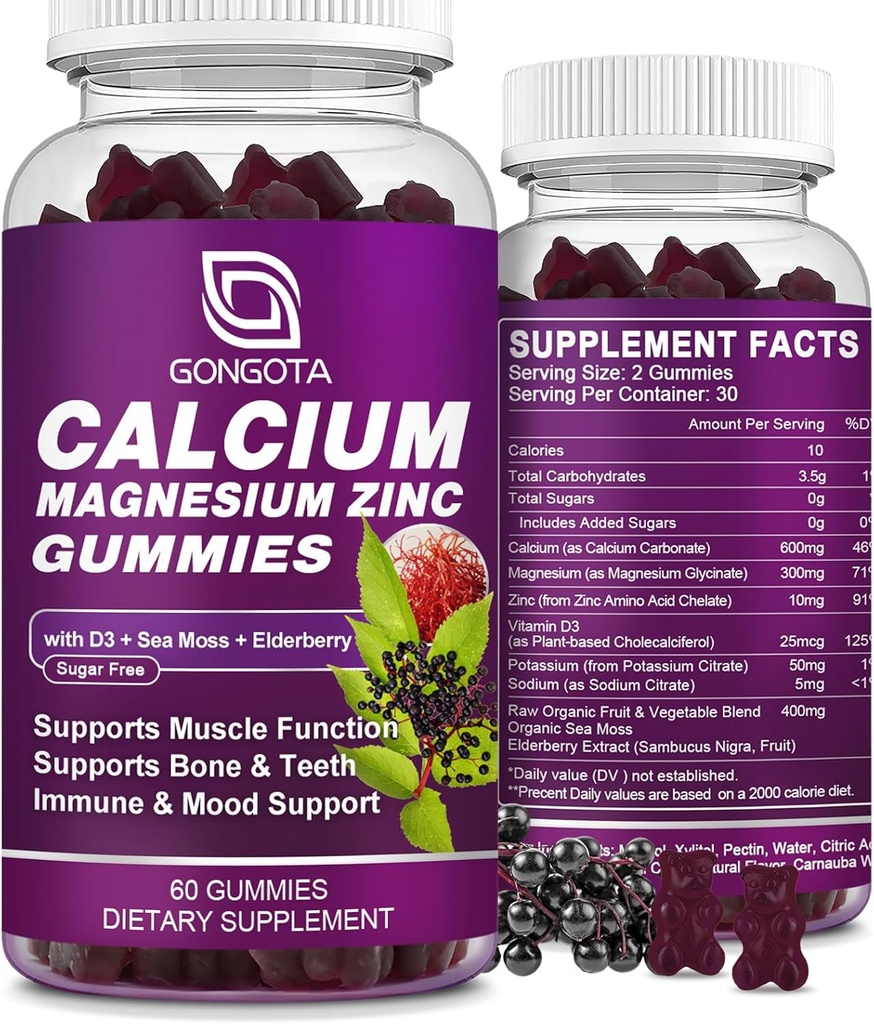 Calcium Magnesium Zink med vitamin D3 Supplement, Högt Absorbent Calcium Gummies med 300mg Magnesium glycinate Support Bone & Teeth, Muscle for Adults and Teens, Sugar Free, Vegan - 60 Count