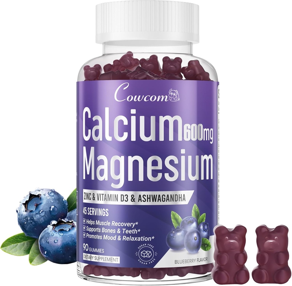 Kalsium Magnesium Sinkki Gummies & D3,B6,B12, Immuunit & Tukevat luun terveys Kalsium Magnesium Supplement naisille Miehet,Sokerivapaa vegaani mustikka maku 90