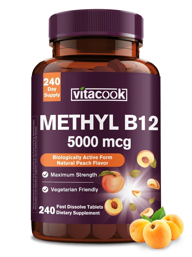 B12-vitamiinin sublinguaalinen, metyylikobalamiini 5000 mcg energiantuotantoon, energiaan, hermo- ja solutukeen, luonnon persikkaliemi, vegan, nollasokeri, 240 nopeasti liuotettavaa tablettia