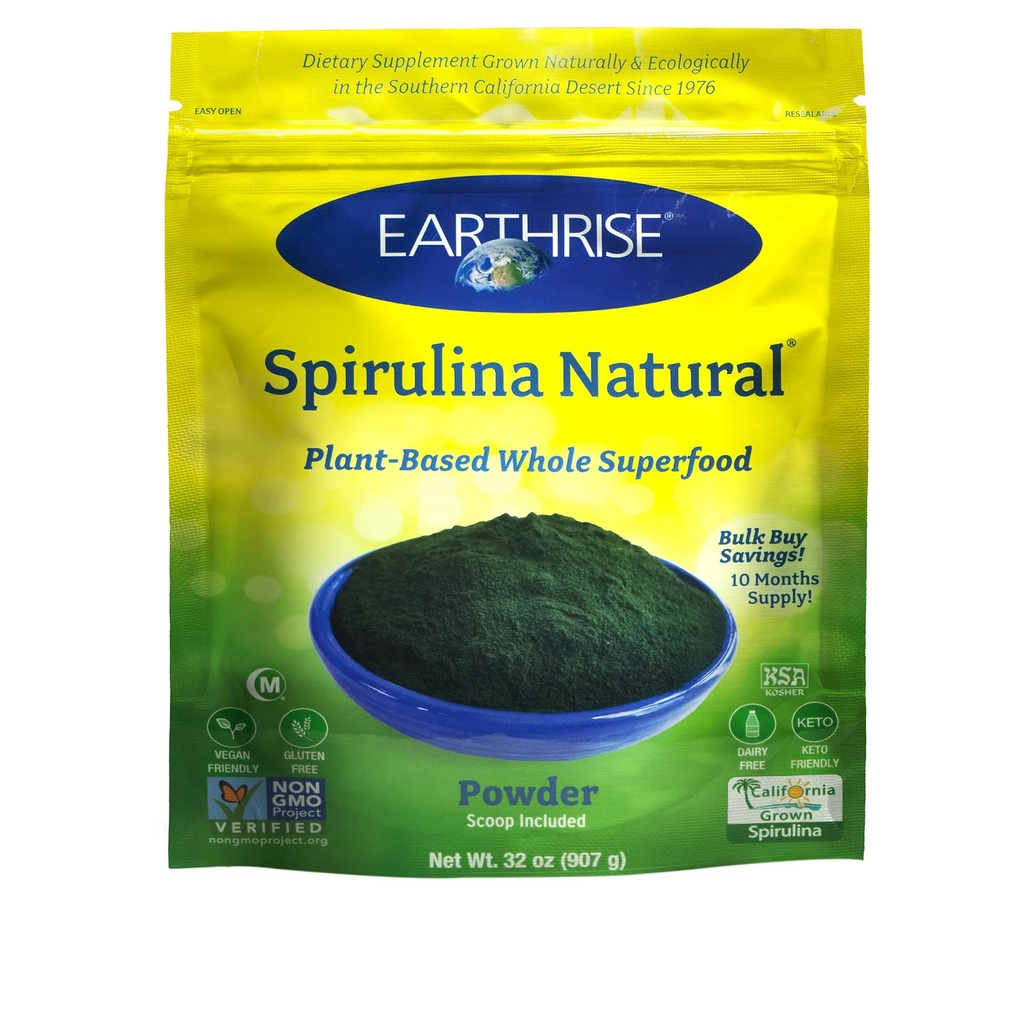 Earthrise Spirulina Natural Powder 32oz, Natural Premium Spirulina alkaen Kalifornia-Vegaani, Gluteeniton, Keto Friendly, Non-GMO Super Food korkea vitamiinit ja mineraalit. (2 LB)
